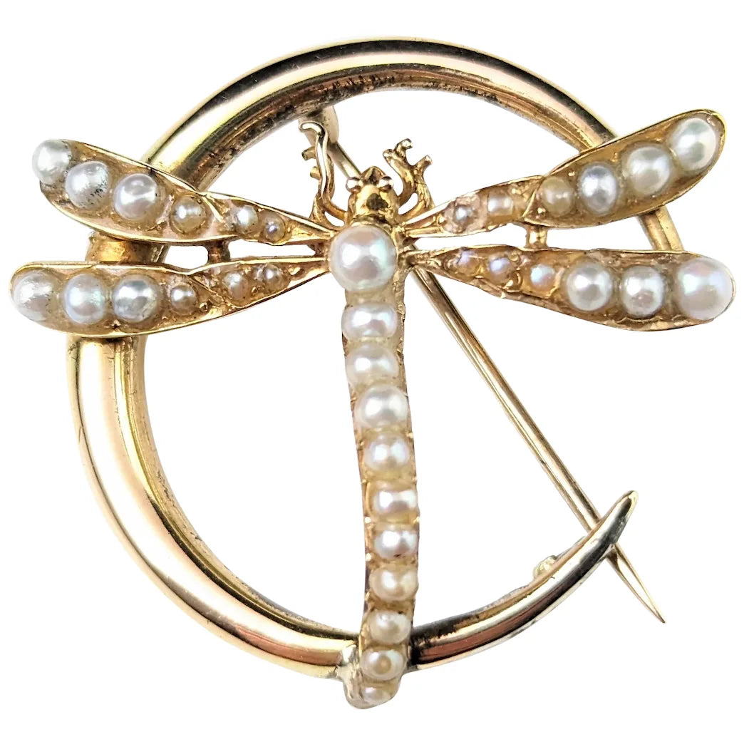 Antique 9ct gold Crescent moon and Dragonfly brooch, Pearl