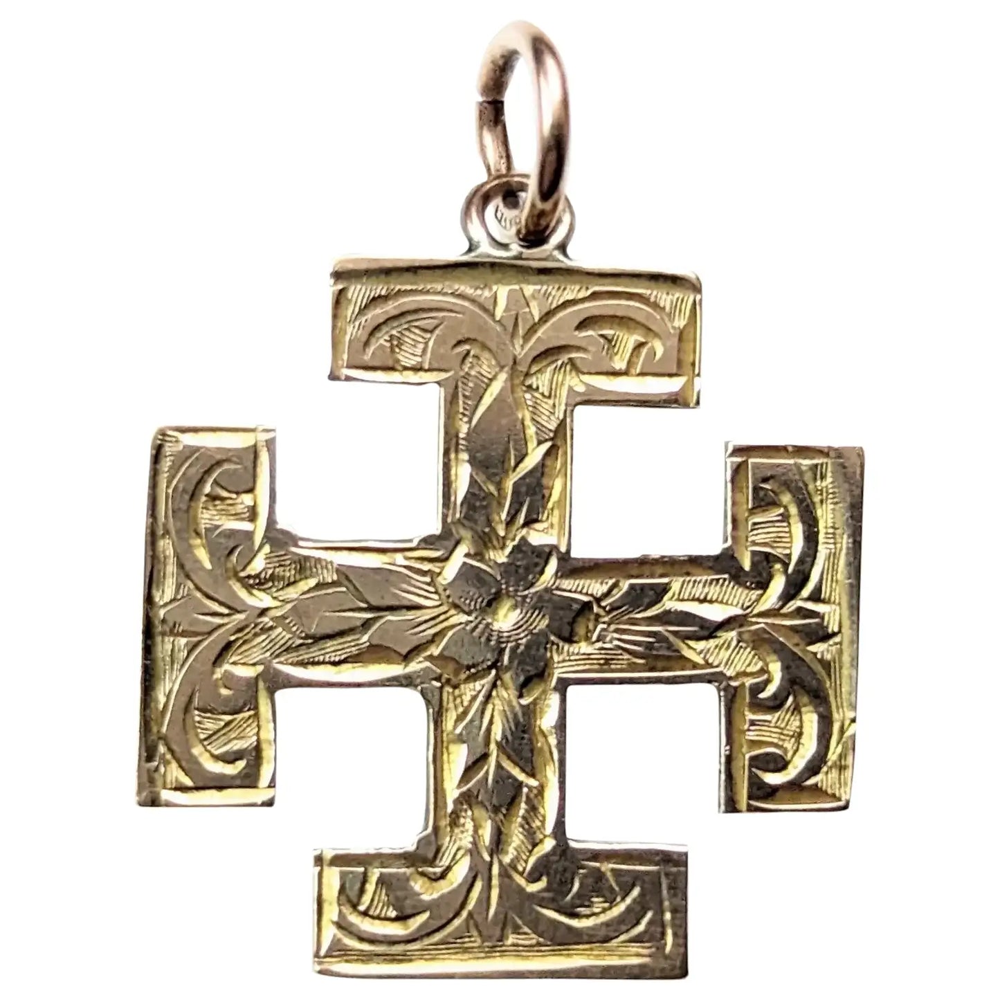 Antique 9k gold Jerusalem cross pendant, engraved