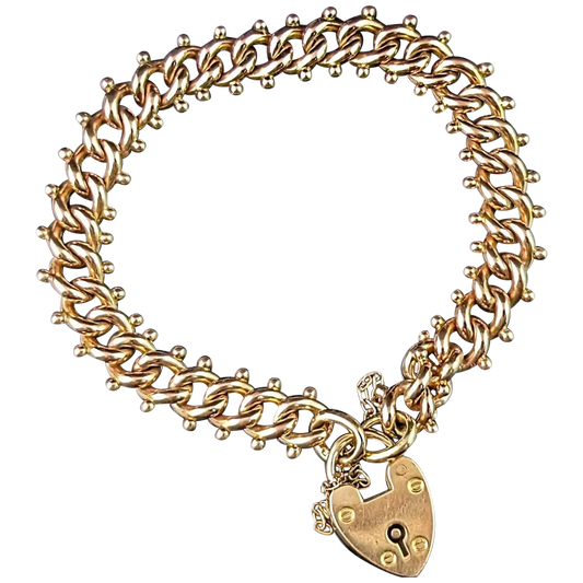 Antique 9ct gold fancy curb link bracelet, Edwardian, heart padlock