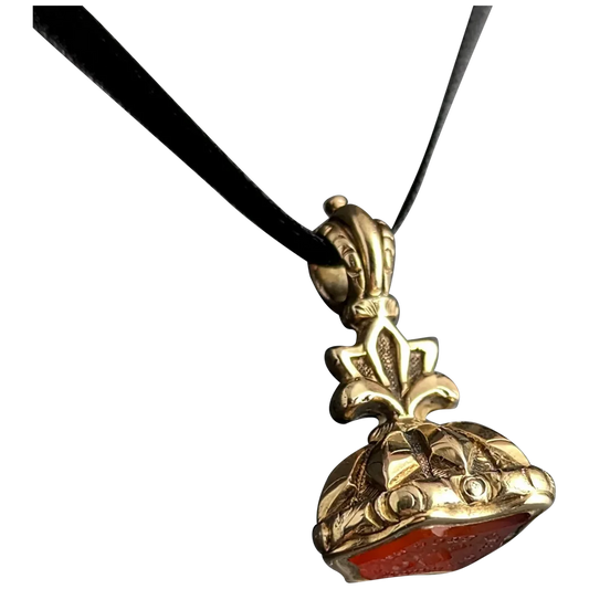 Antique 9ct gold seal fob pendant, Faithful and Secret, Carnelian