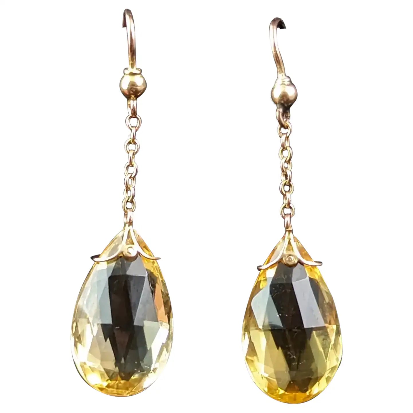 Antique Art Deco Citrine drop earrings, 9ct gold, Briolette cut