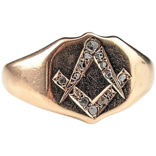 Antique Diamond signet ring, 9ct rose gold, Masonic, Pinky ring