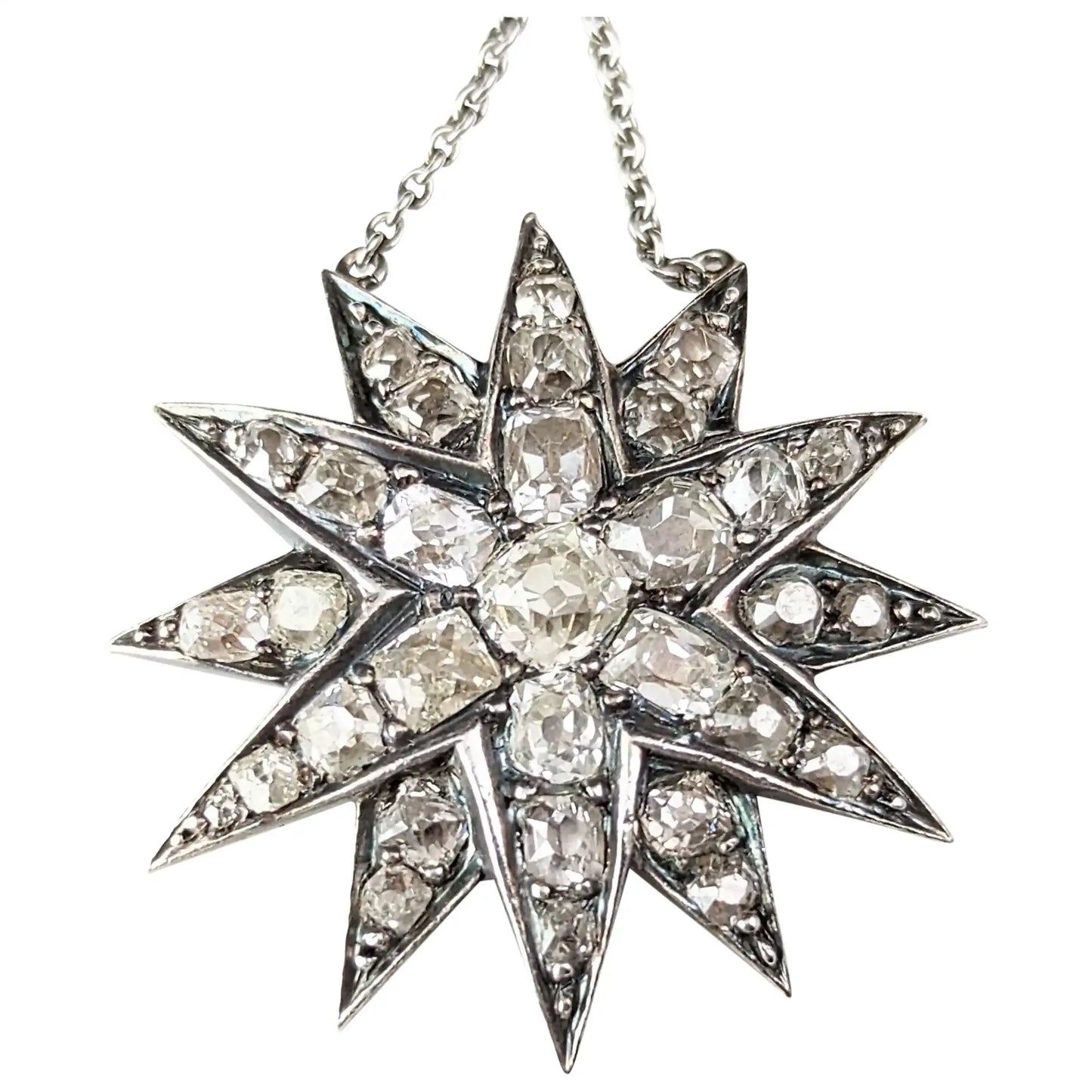 Antique Diamond Star pendant, sterling silver necklace, Victorian