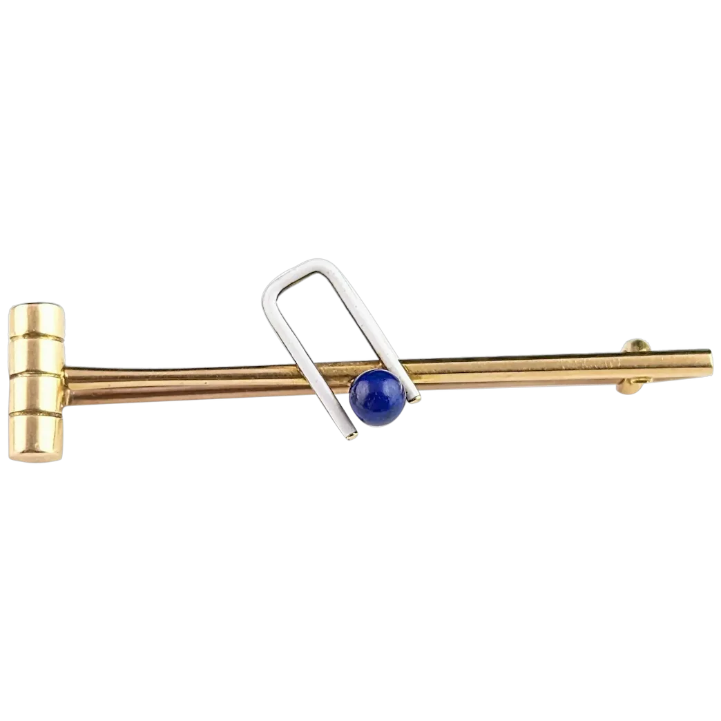 Antique Lapis Lazuli and enamel croquet brooch, tie pin, 15ct gold