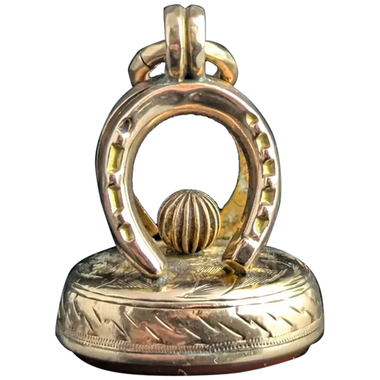 Antique Lucky horseshoe seal fob pendant, 9ct gold, Carnelian