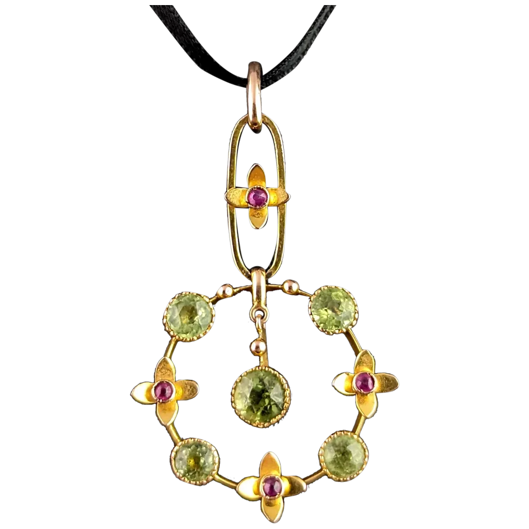 Antique Peridot and Ruby drop pendant, 9ct gold, Edwardian, floral