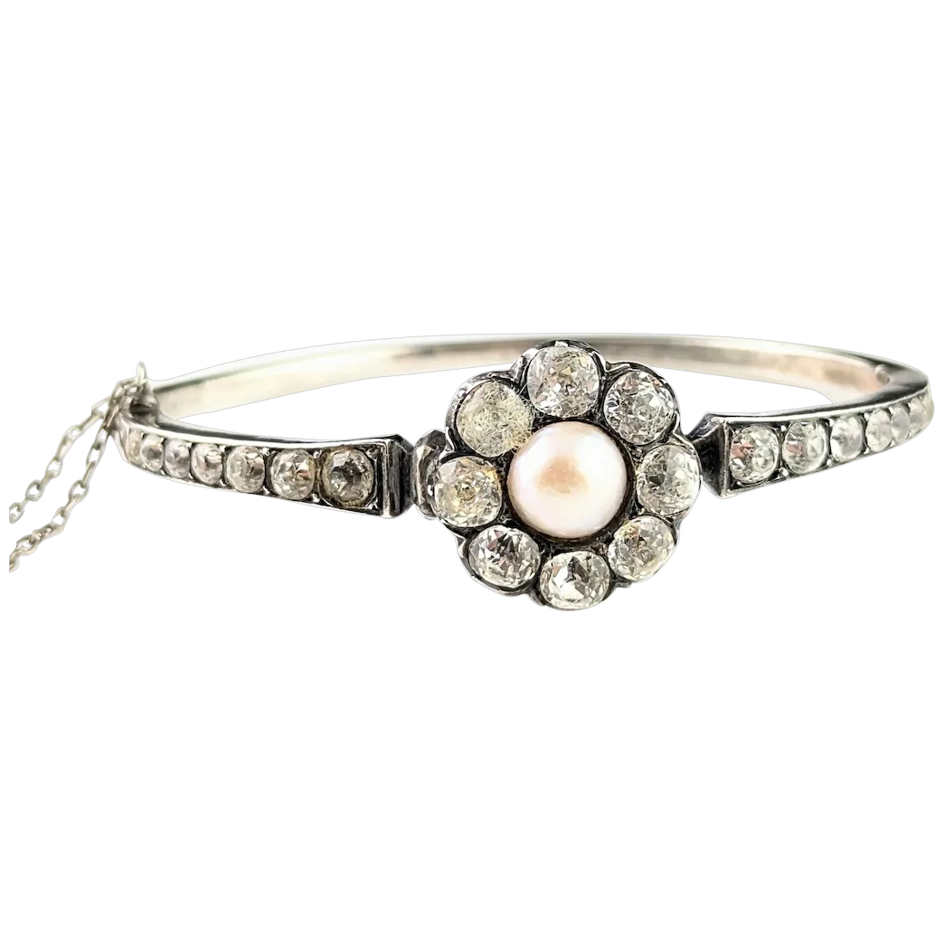 Antique Silver, Paste and Faux pearl flower bangle, Victorian