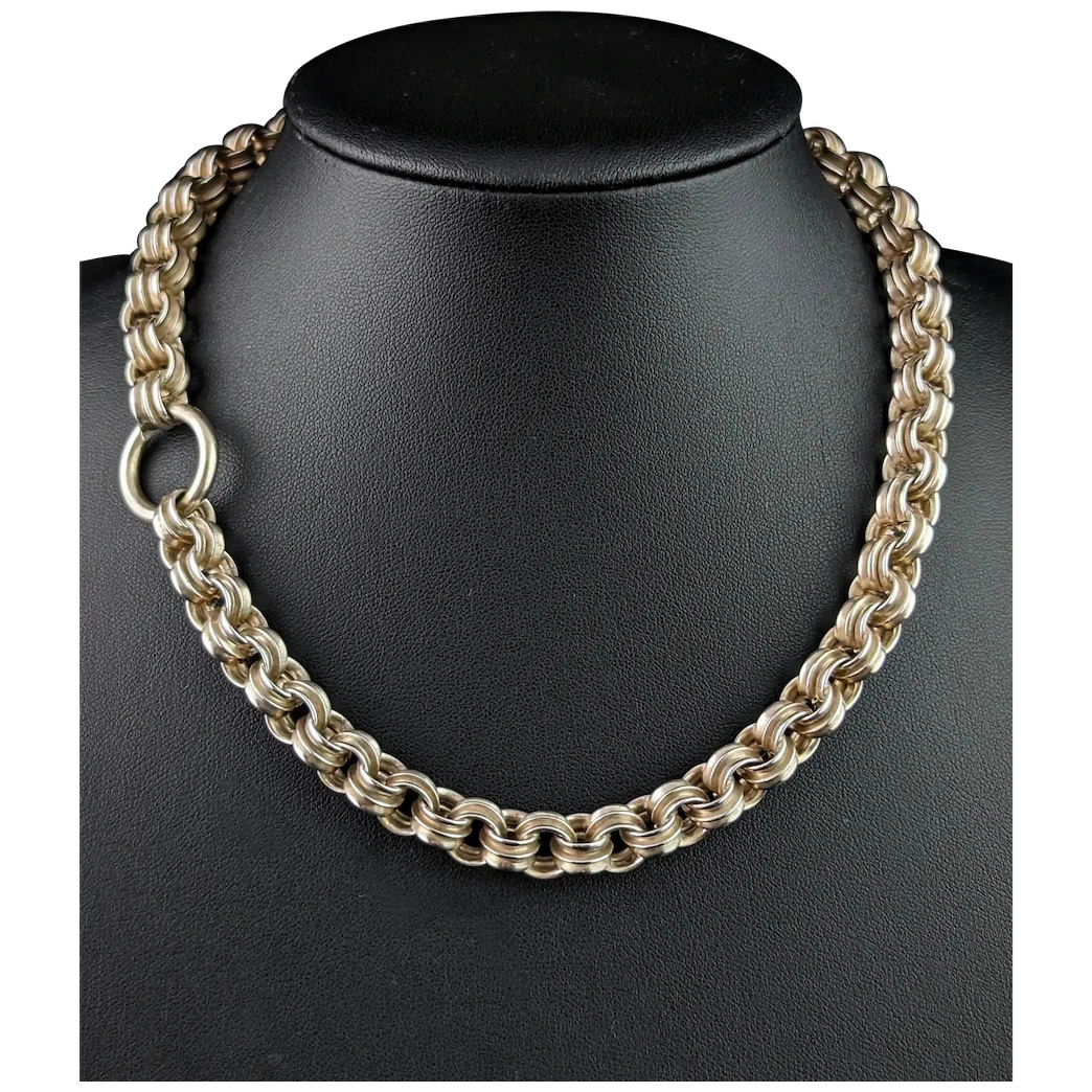 Antique Victorian Sterling collar necklace, Chunky rolo link