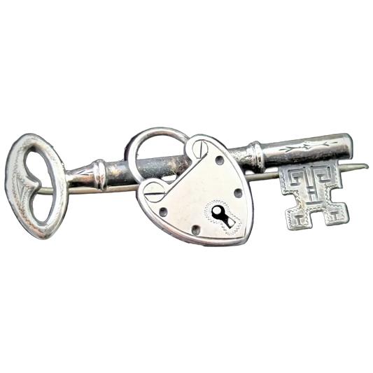 Antique sterling silver key to my heart brooch