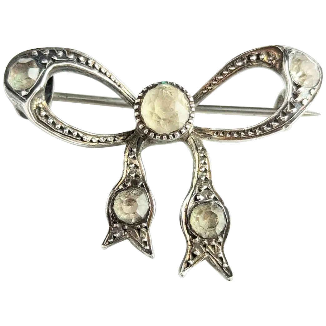 Antique sterling silver and paste bow brooch, Art Deco