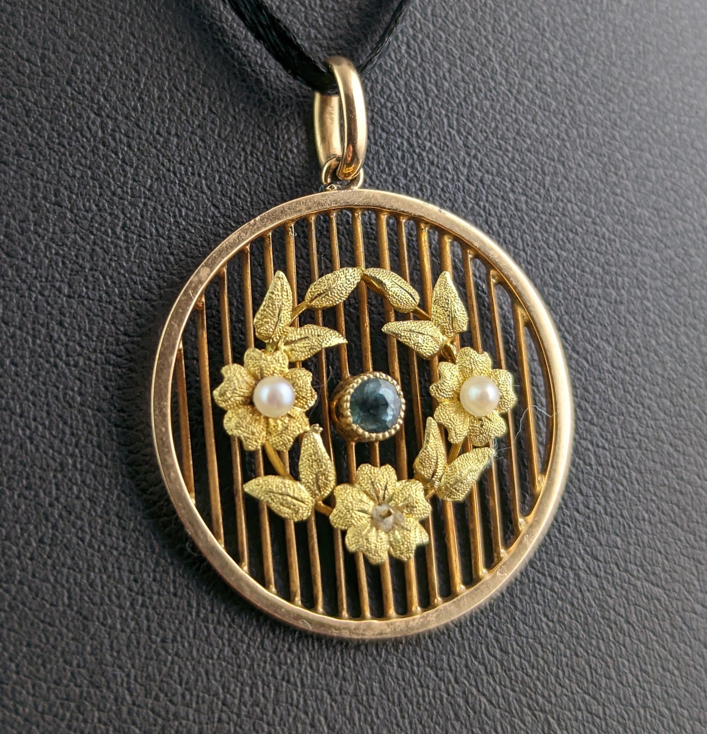 Antique Aquamarine and Pearl floral pendant, 15ct gold, Edwardian