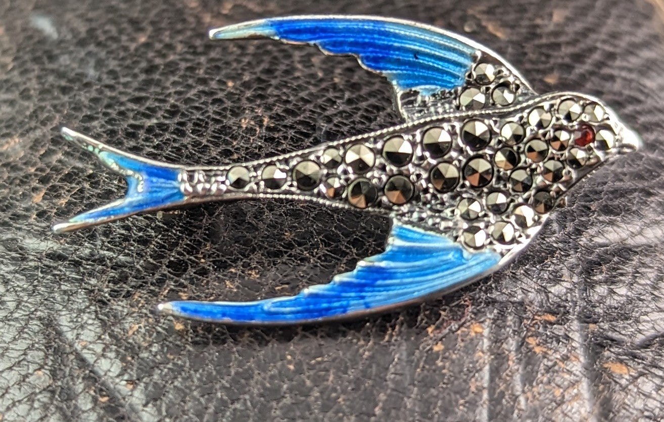 Blue orders enamel Bird Brooch silver Marcasite enamel