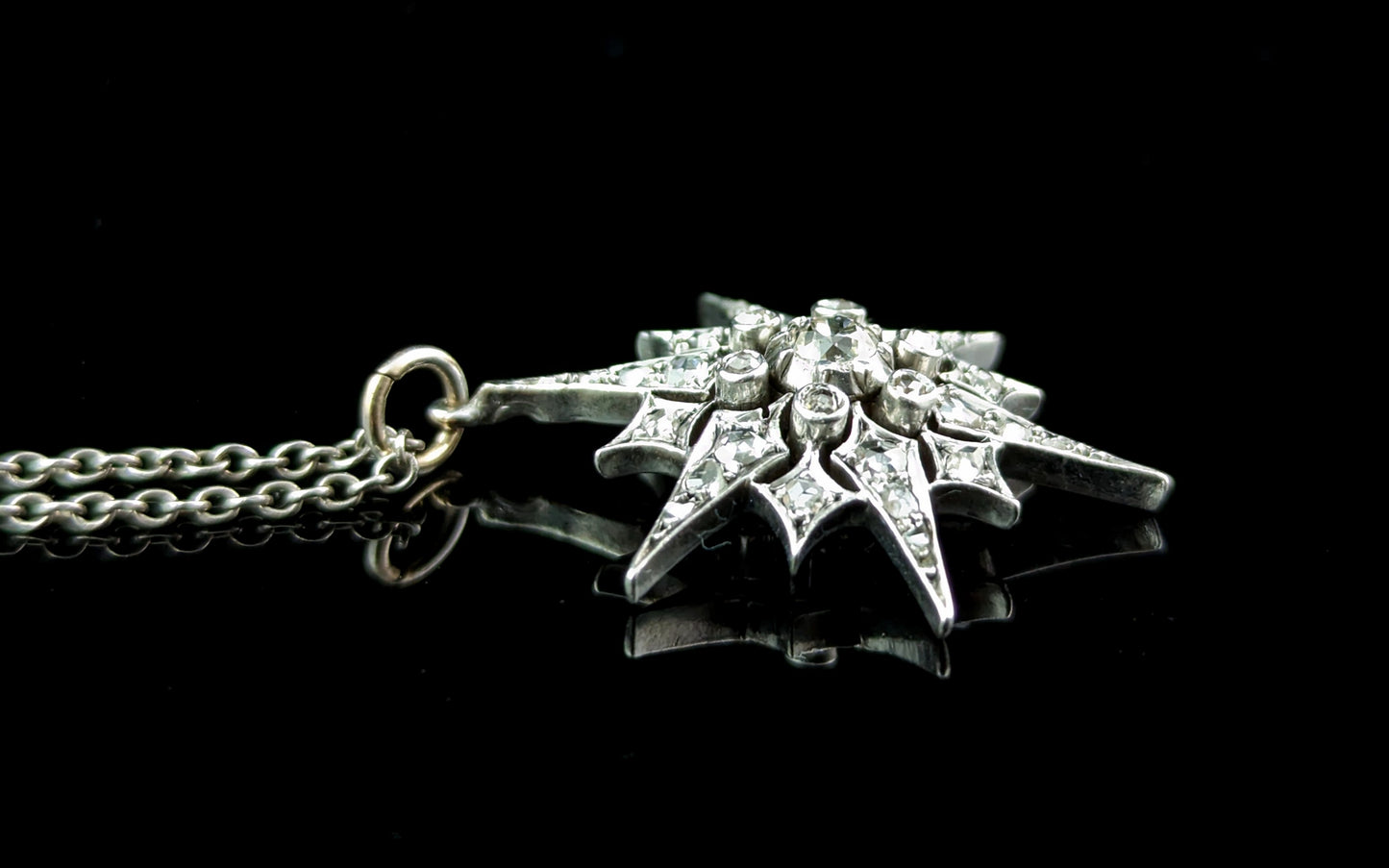 Antique Victorian Diamond Star pendant, Silver on gold, necklace