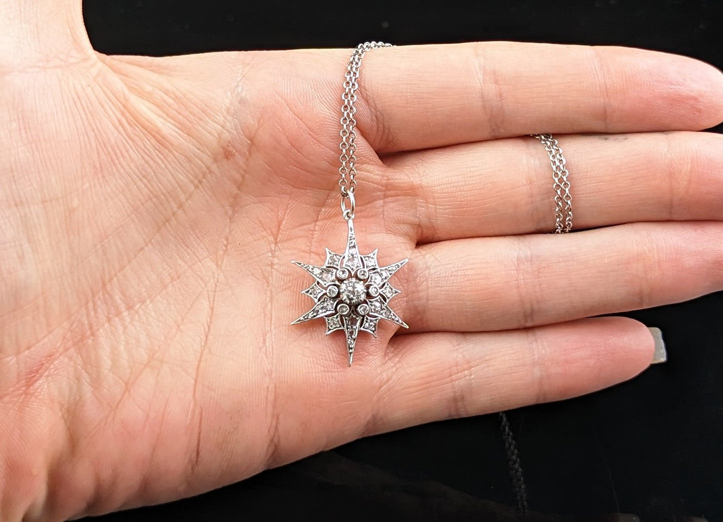 Antique Victorian Diamond Star pendant, Silver on gold, necklace