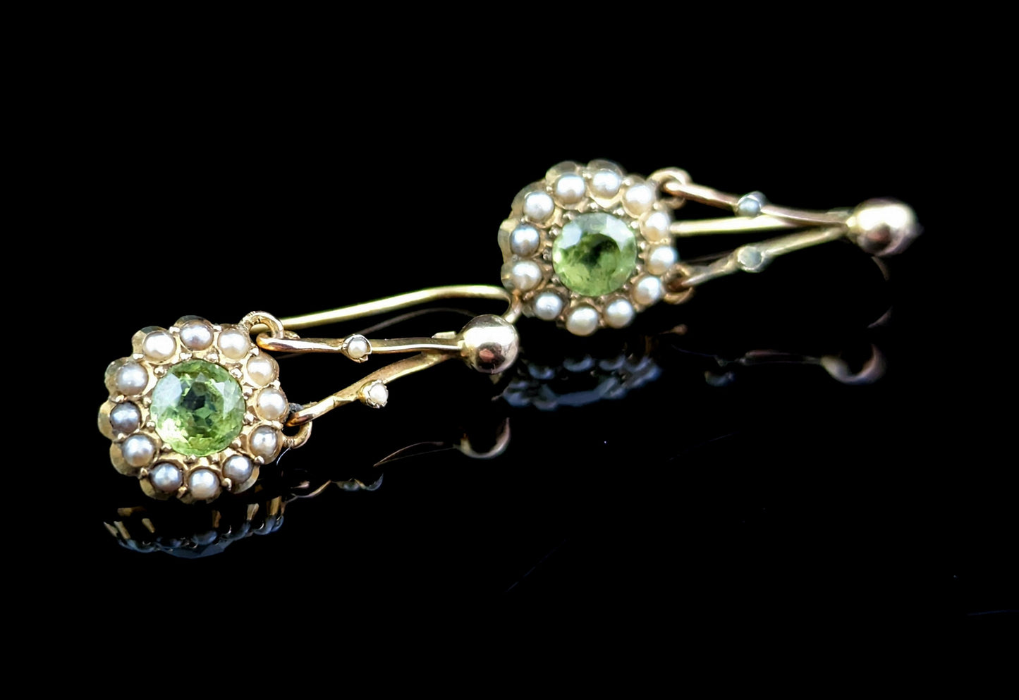 Antique Peridot and Pearl earrings, 9k gold, Edwardian