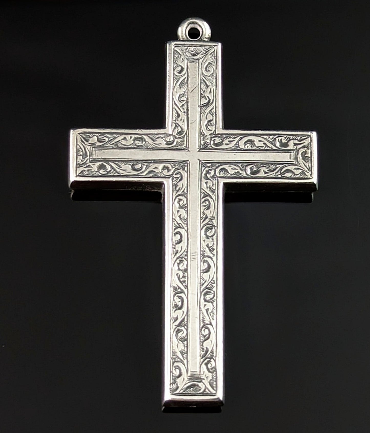 Antique silver cross pendant, large, engraved