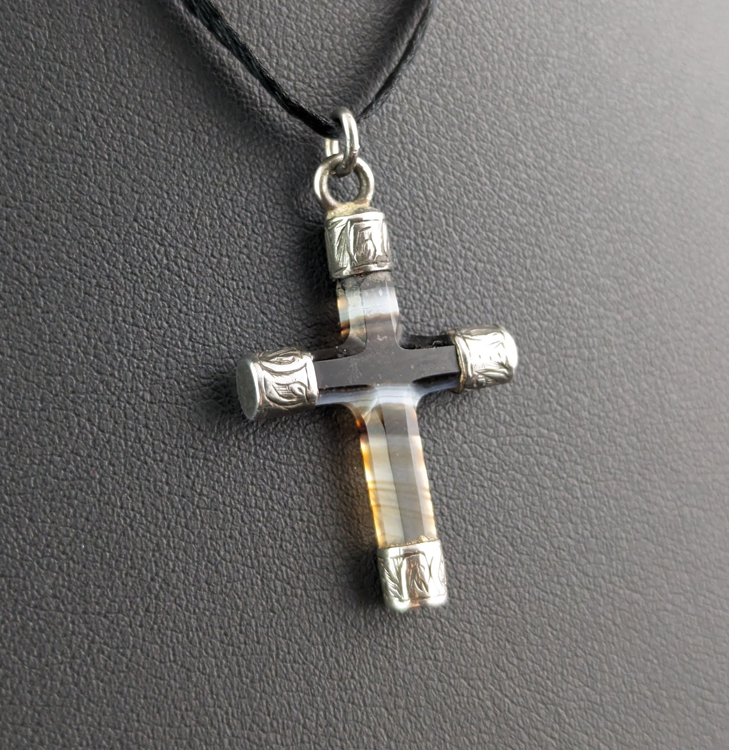 Antique banded agate Cross pendant, Victorian, sterling silver