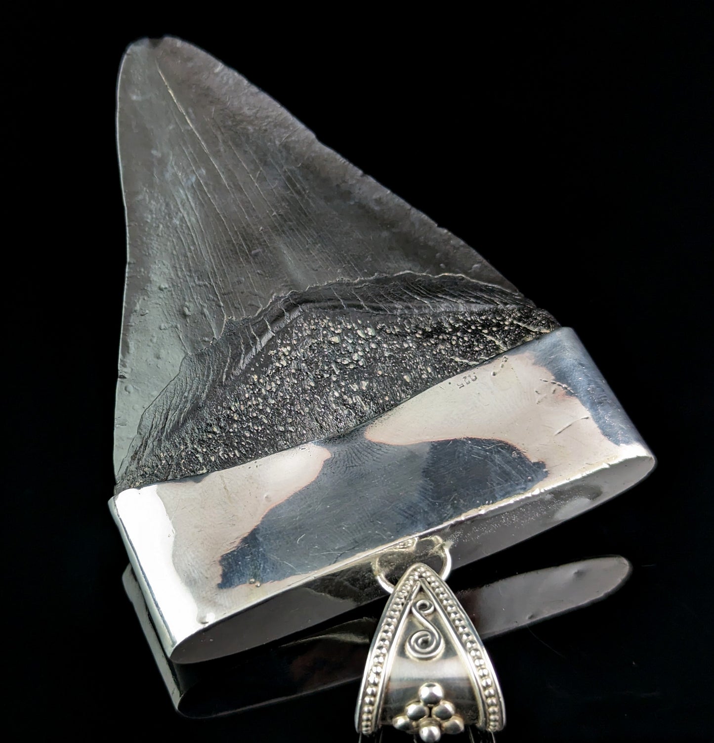 Vintage silver fossil pendant, Megalodon tooth