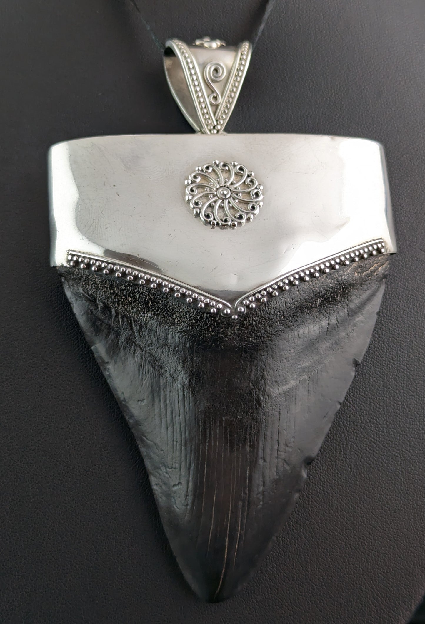 Vintage silver fossil pendant, Megalodon tooth