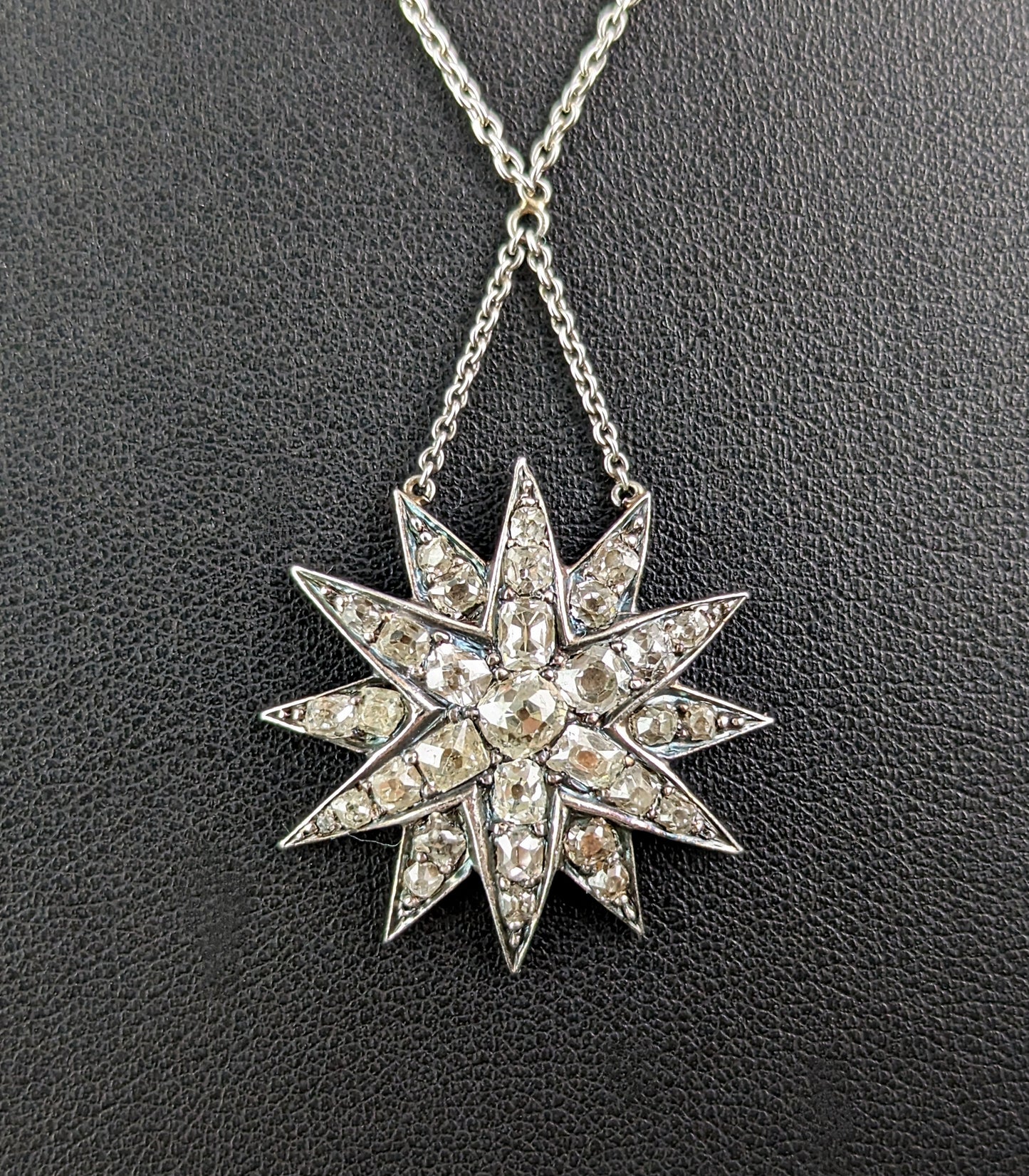 Antique Diamond Star pendant, sterling silver necklace, Victorian