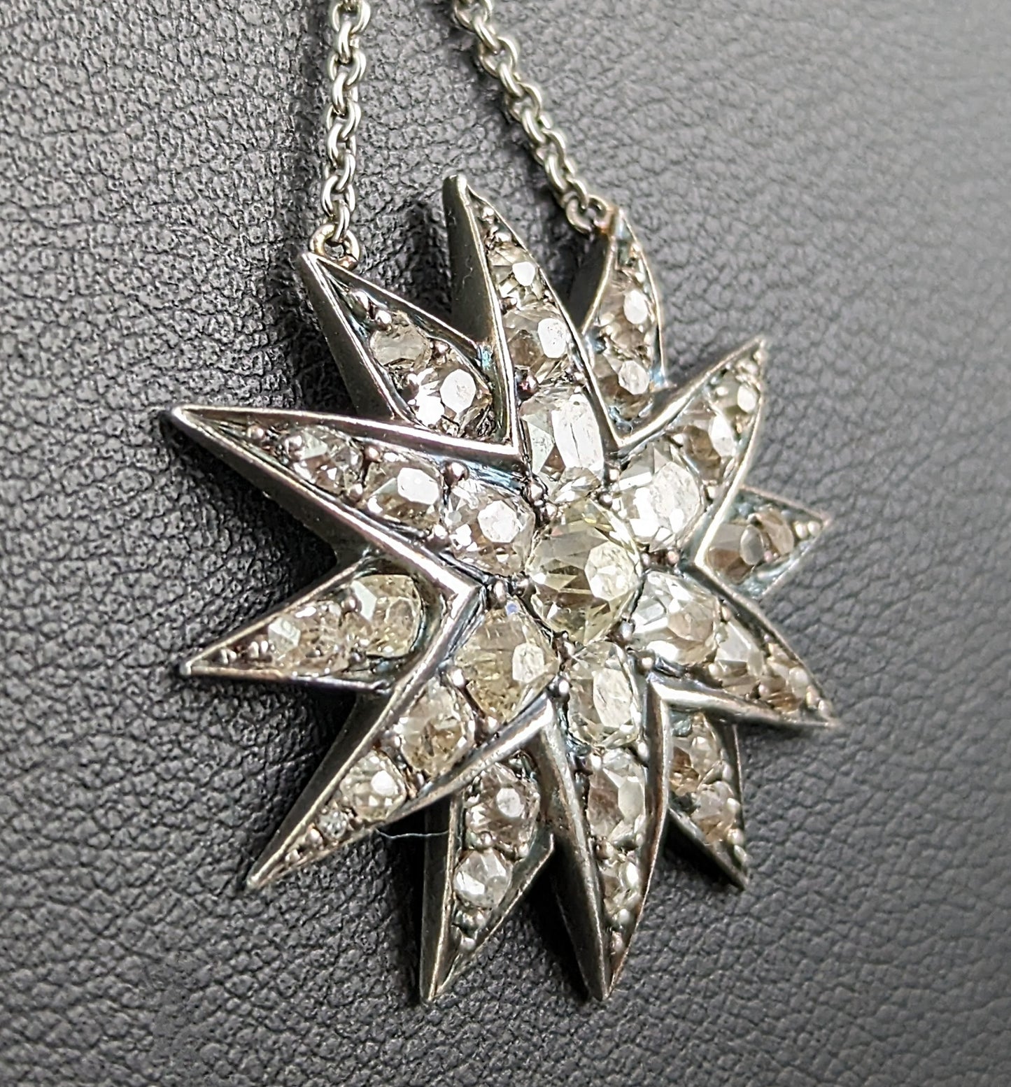 Antique Diamond Star pendant, sterling silver necklace, Victorian