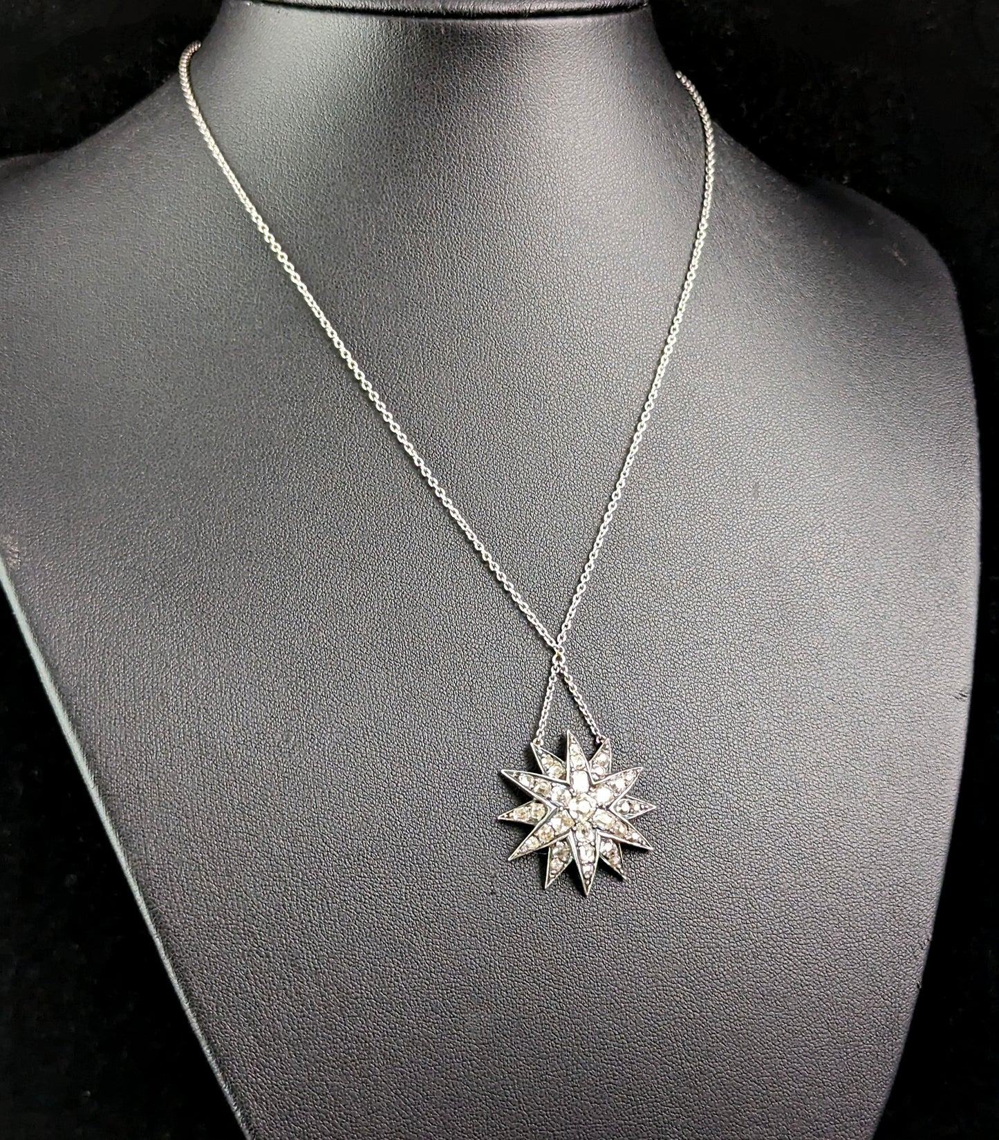 Antique Diamond Star pendant, sterling silver necklace, Victorian