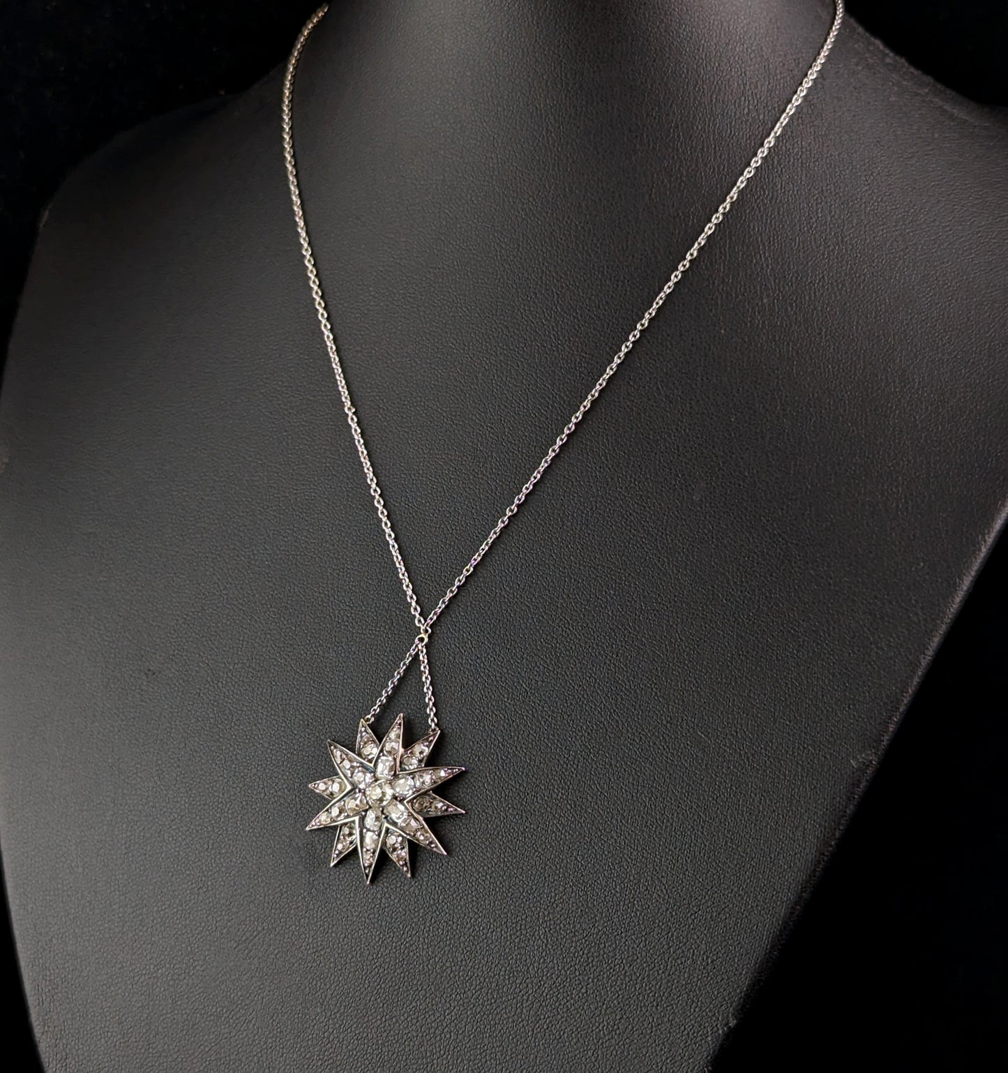 Antique Diamond Star pendant, sterling silver necklace, Victorian