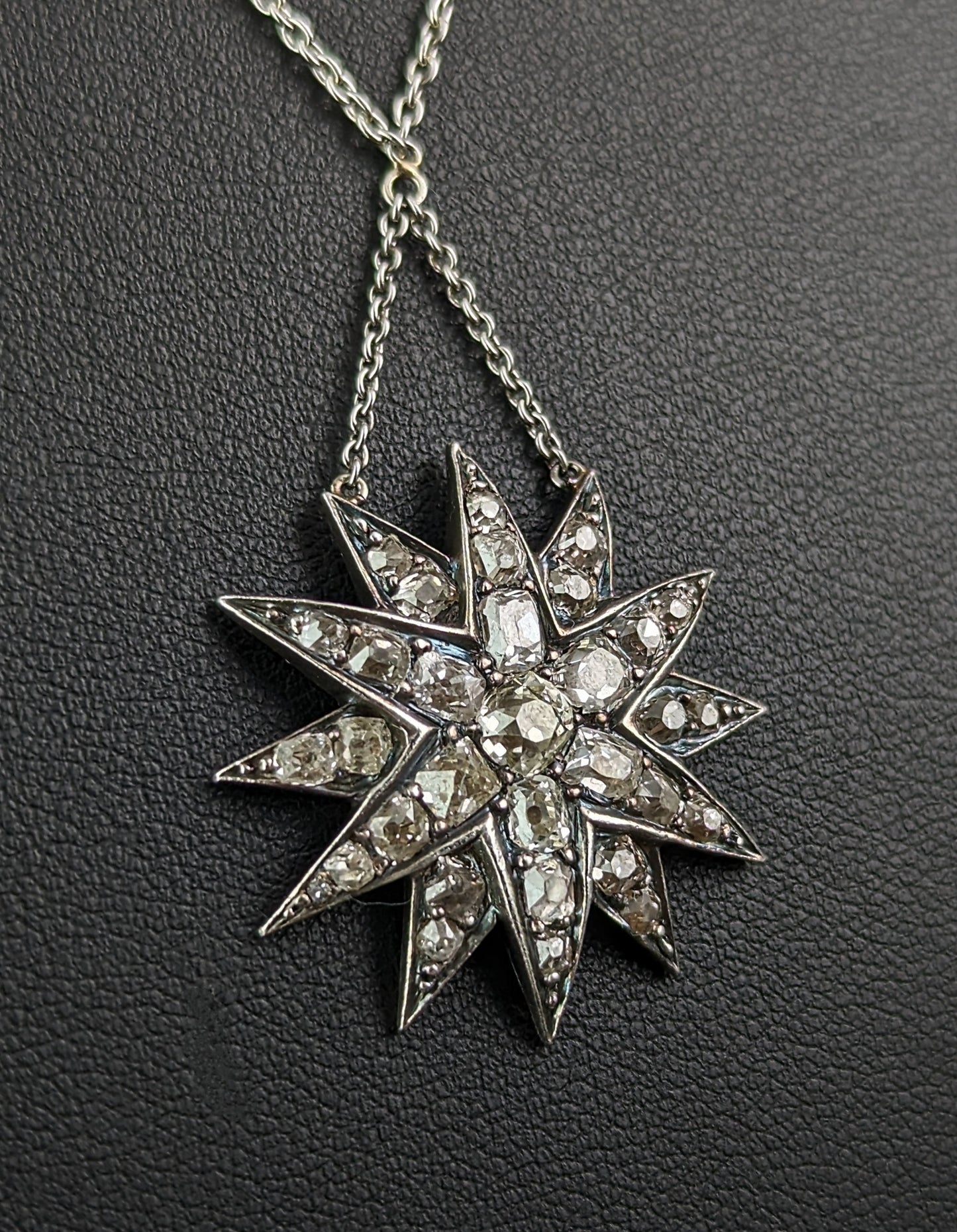 Antique Diamond Star pendant, sterling silver necklace, Victorian