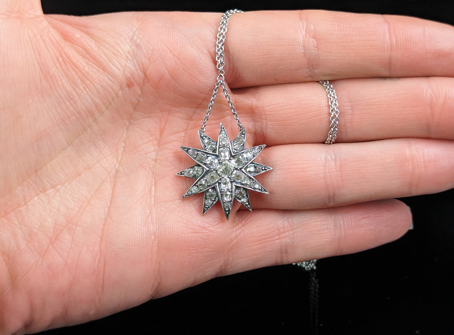 Antique Diamond Star pendant, sterling silver necklace, Victorian