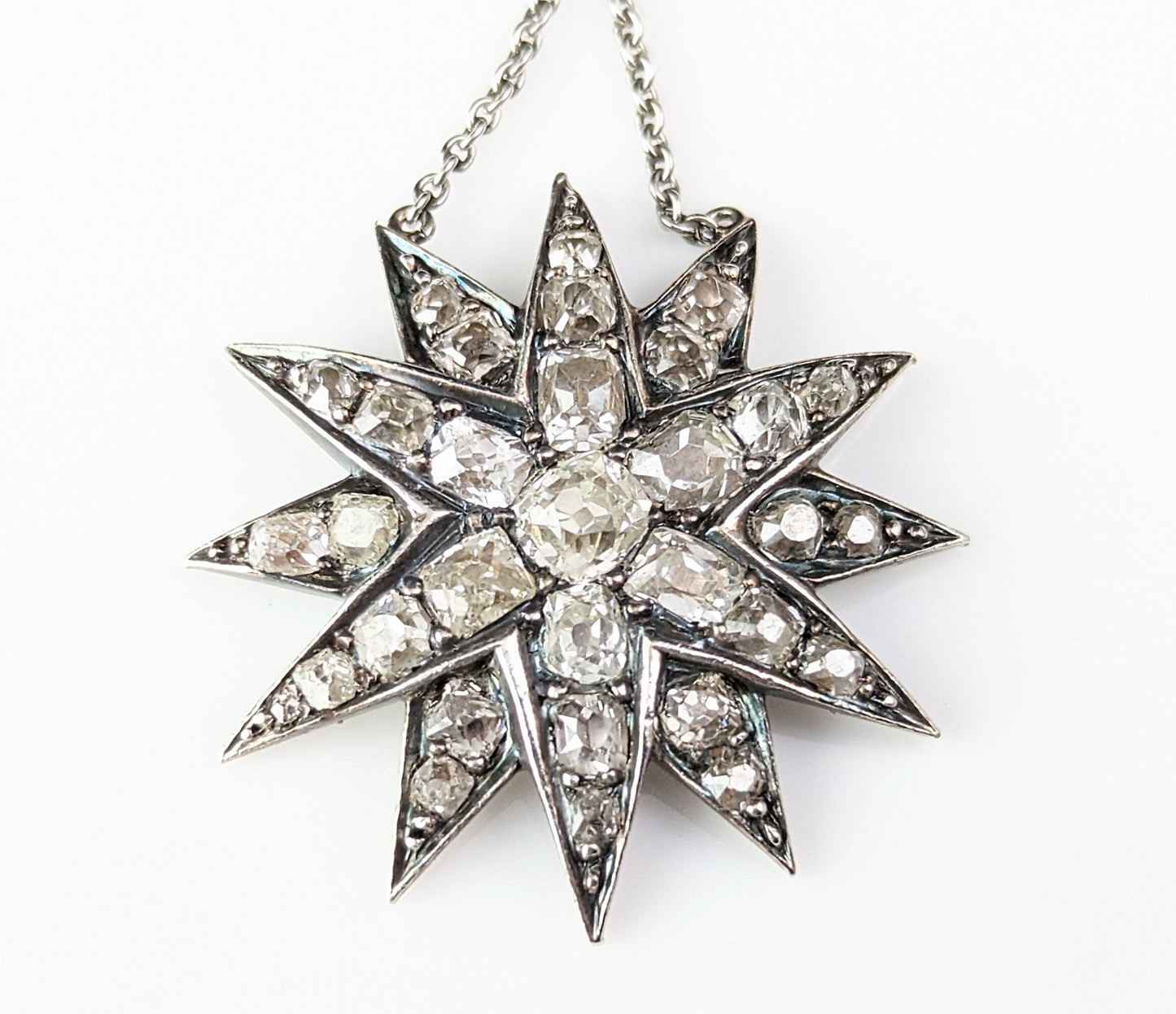 Antique Diamond Star pendant, sterling silver necklace, Victorian