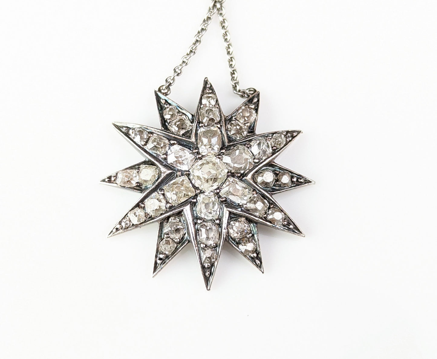 Antique Diamond Star pendant, sterling silver necklace, Victorian