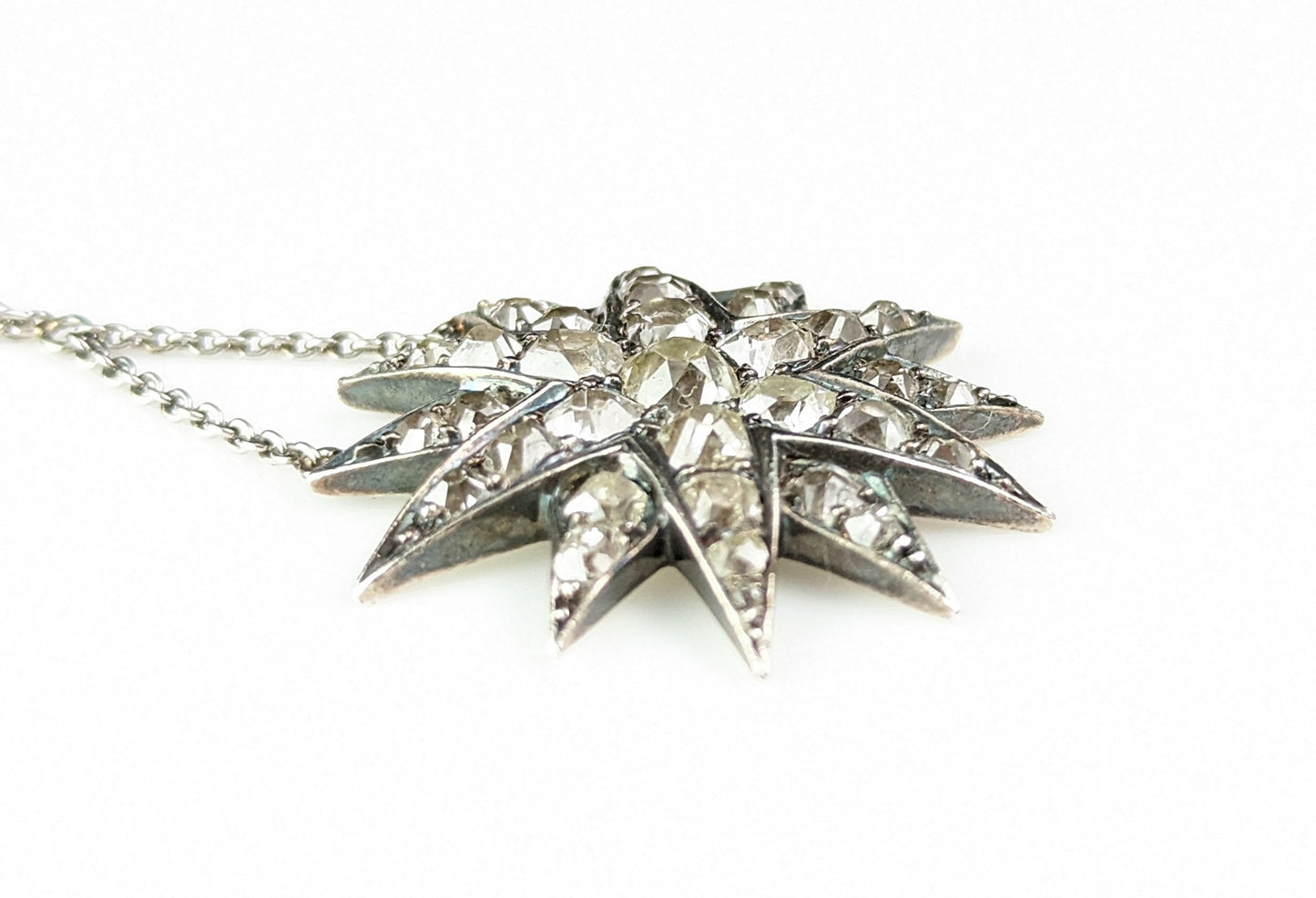 Antique Diamond Star pendant, sterling silver necklace, Victorian