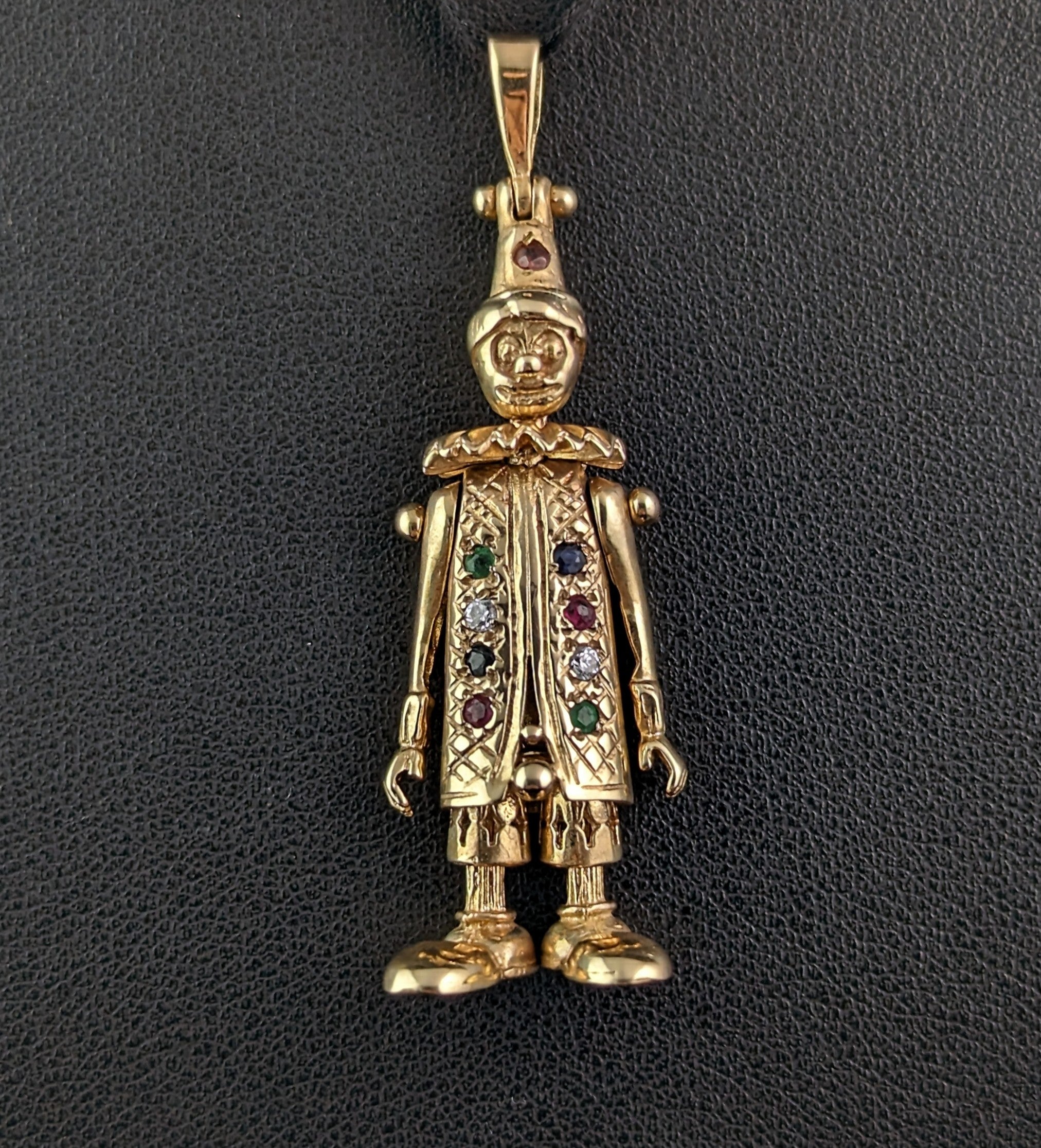 Vintage 9ct gold Clown pendant multi gemstone Articulated StolenAttic