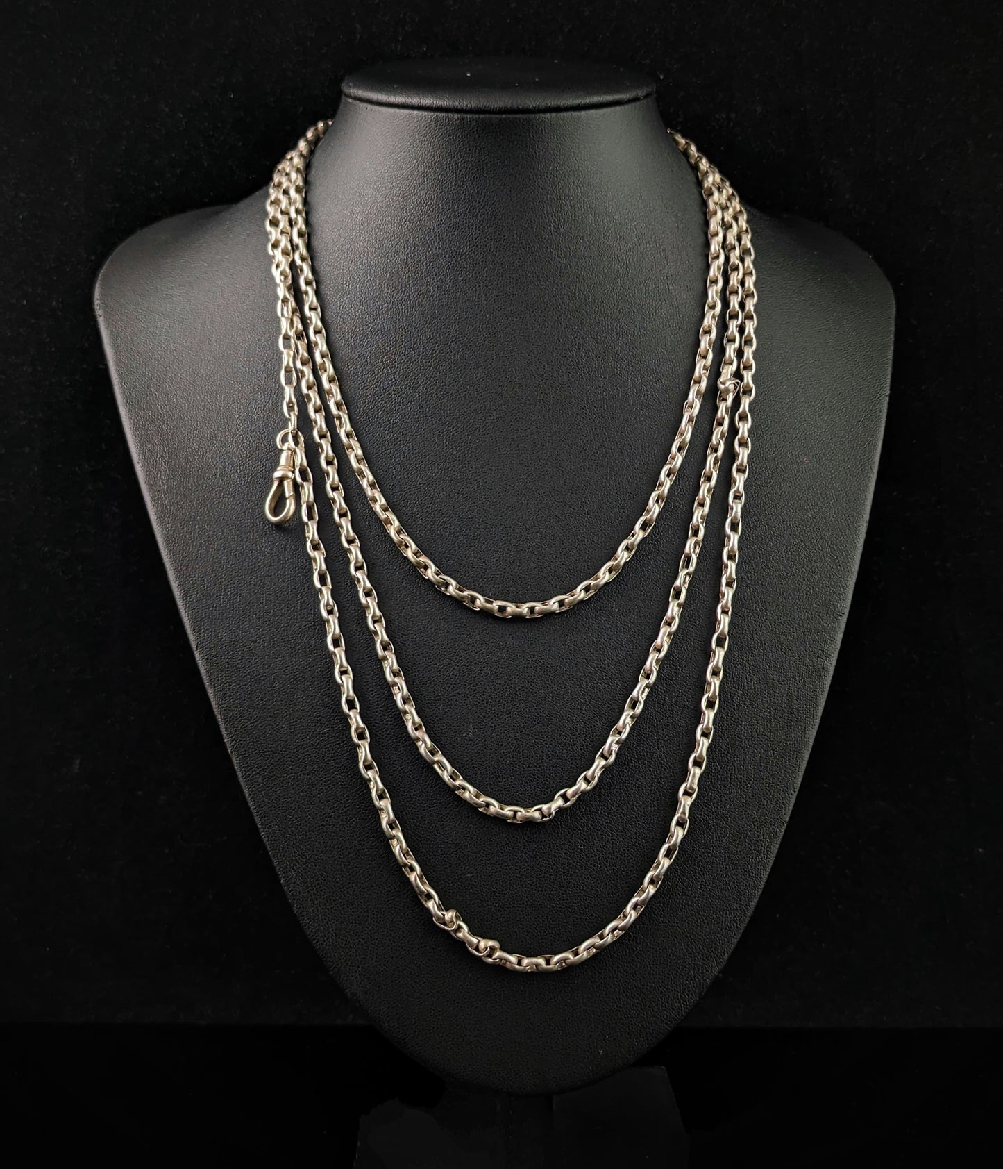 Antique silver long chain necklace, longuard chain, 900 silver