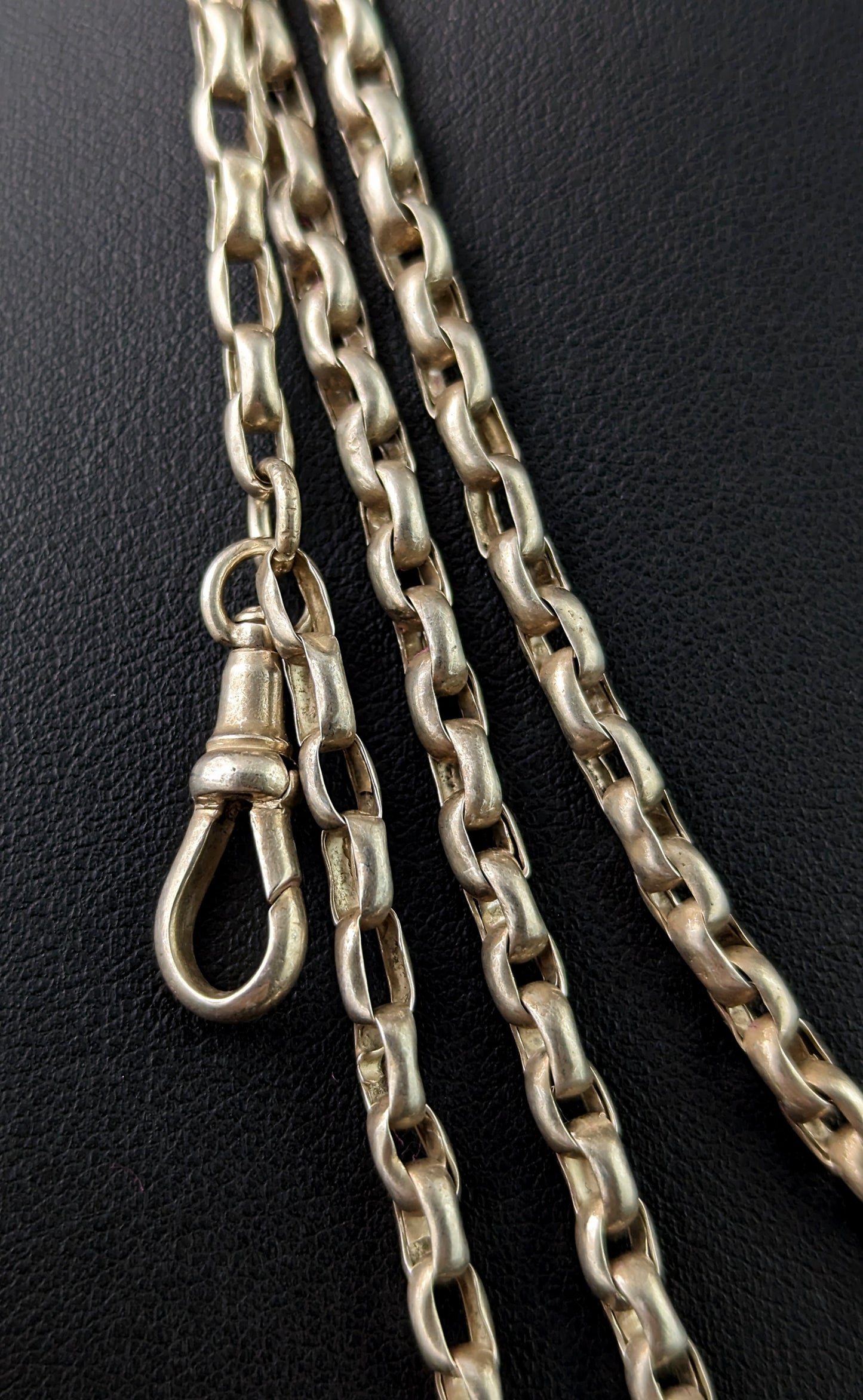 Antique silver long chain necklace, longuard chain, 900 silver