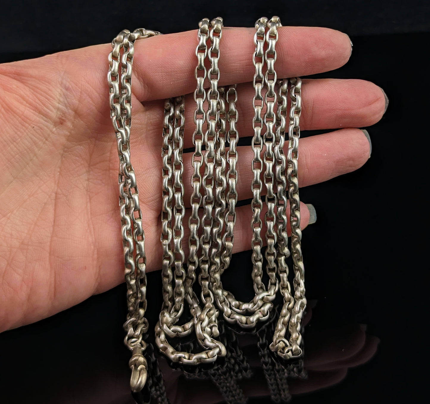 Antique silver long chain necklace, longuard chain, 900 silver