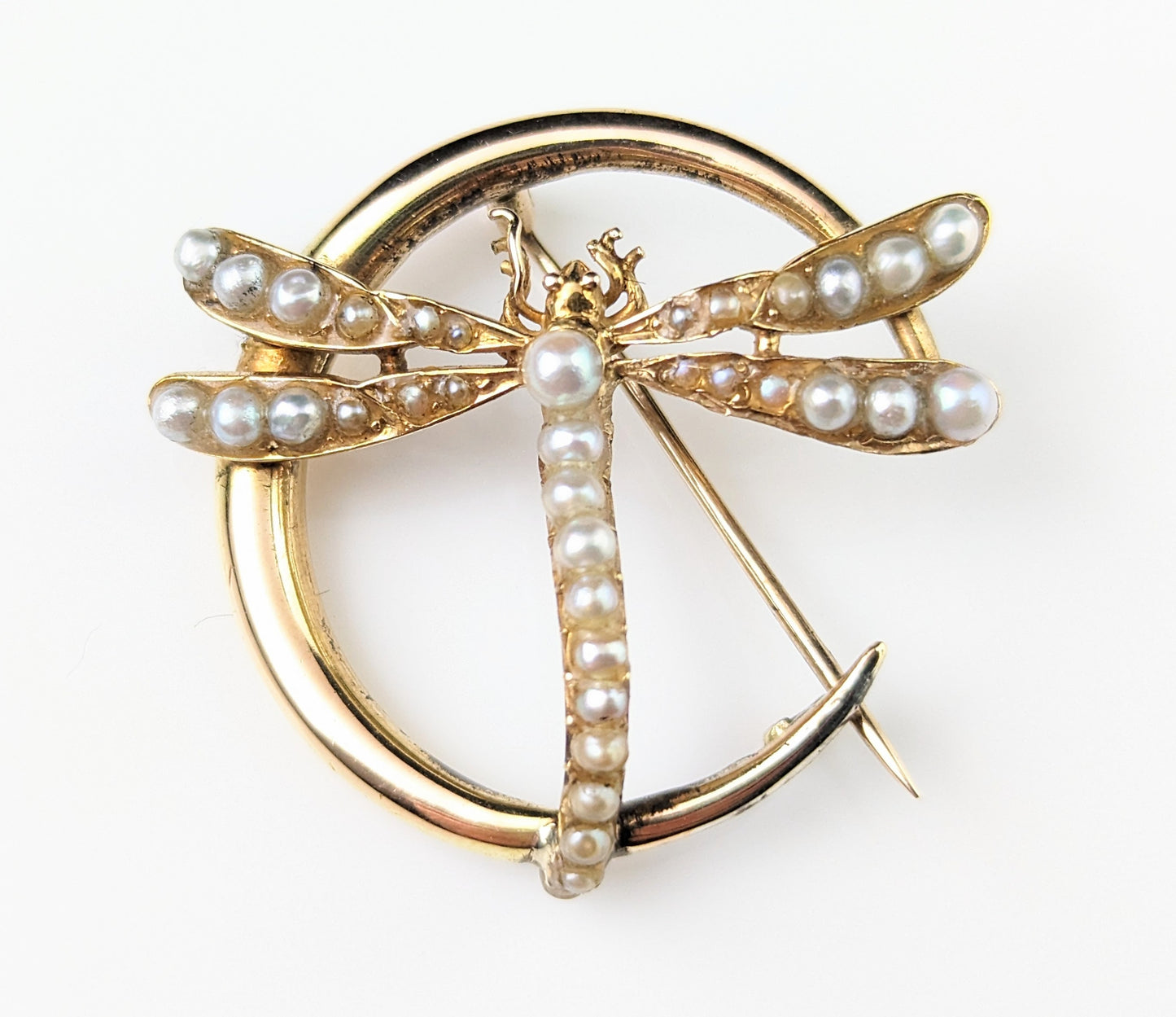 Antique 9ct gold Crescent moon and Dragonfly brooch, Pearl