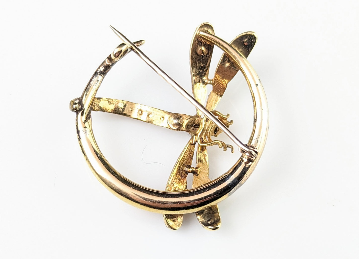 Antique 9ct gold Crescent moon and Dragonfly brooch, Pearl