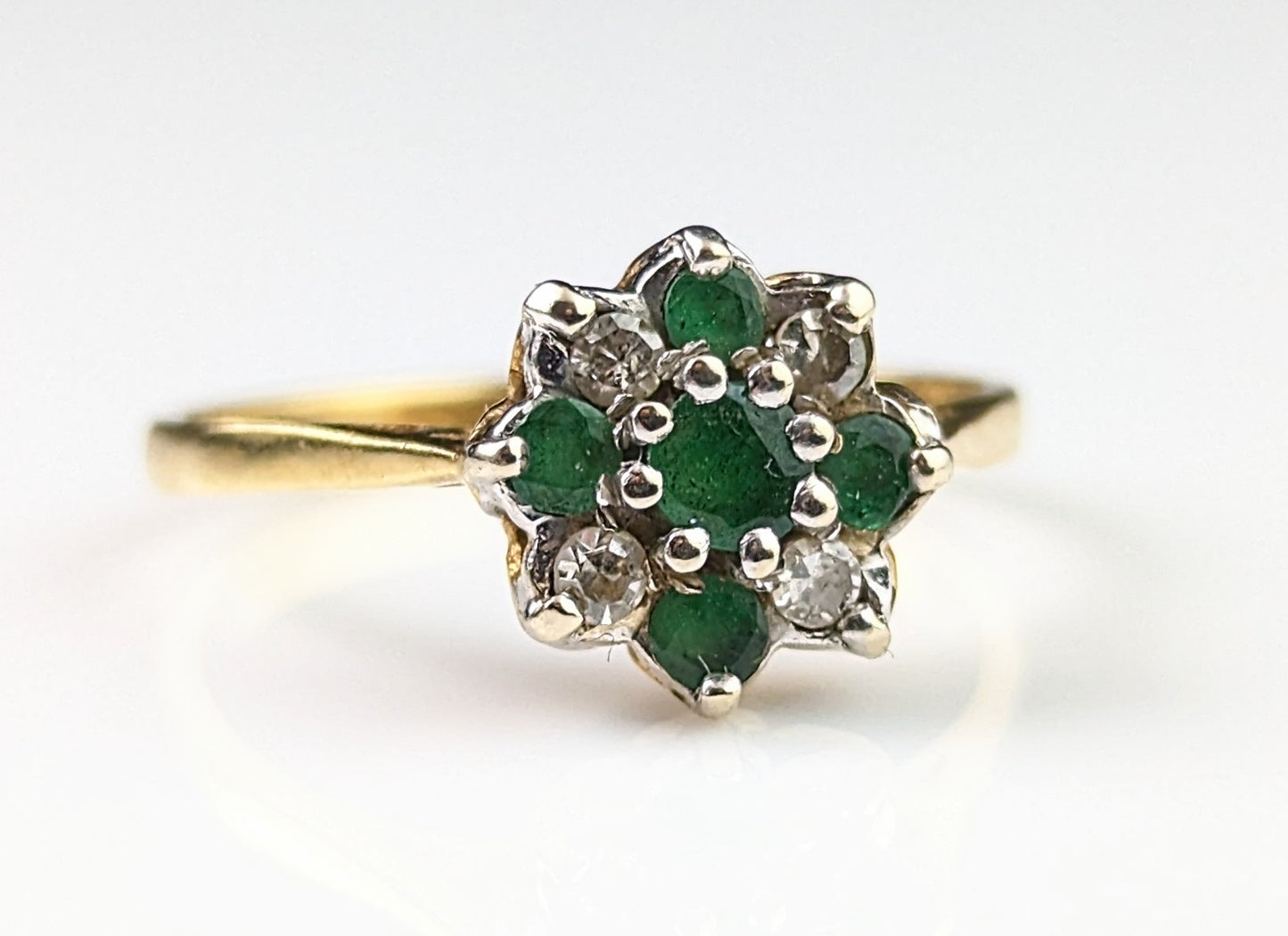 Vintage Emerald and Diamond floral cluster ring, 18ct gold