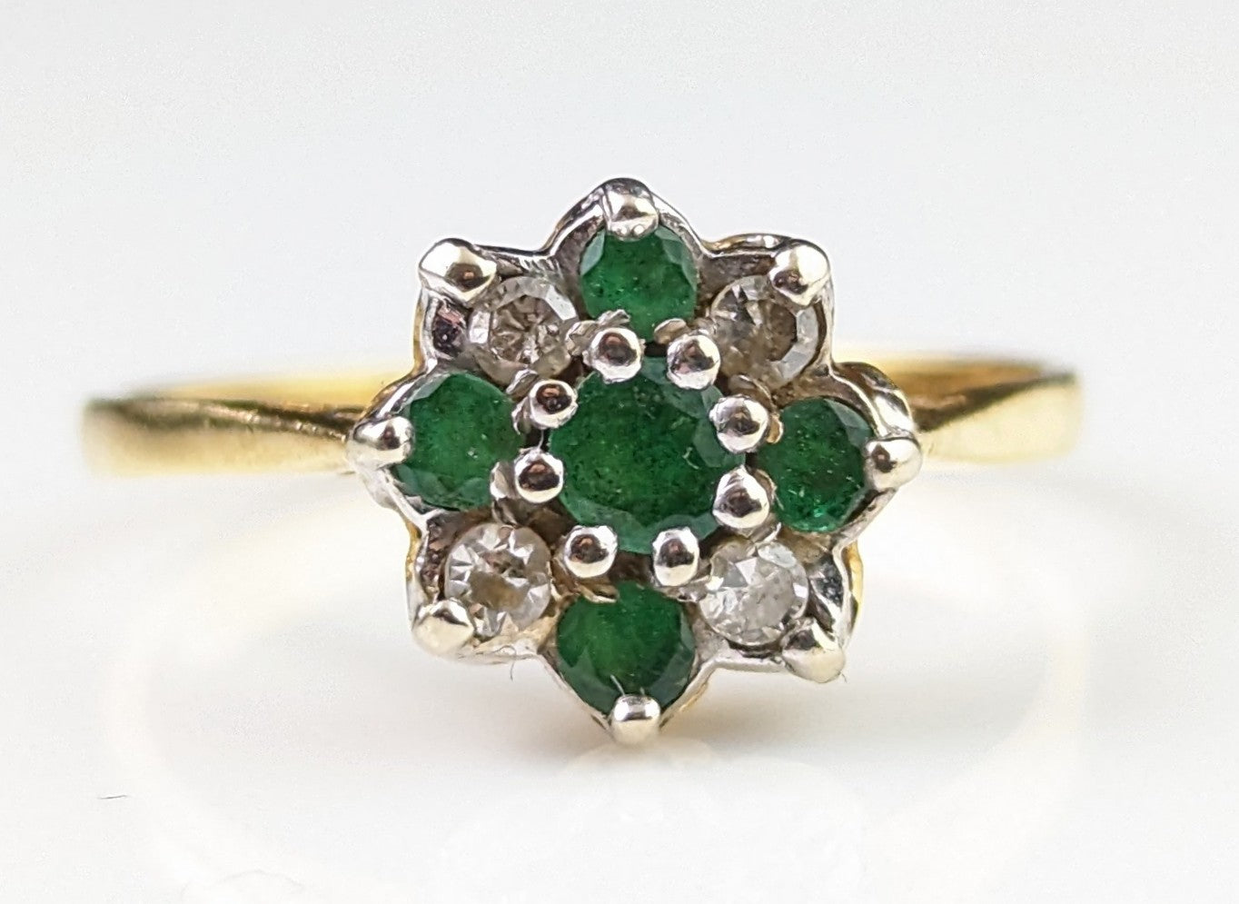 Vintage Emerald and Diamond floral cluster ring, 18ct gold