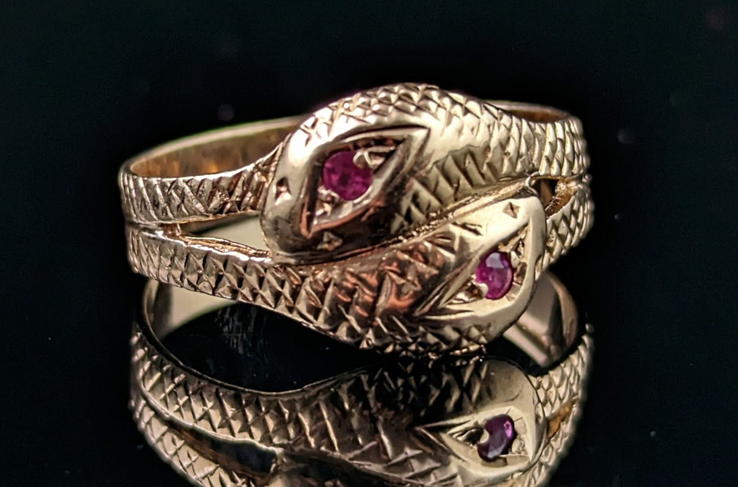 Vintage double snake ring, 9ct gold, ruby, Victorian style