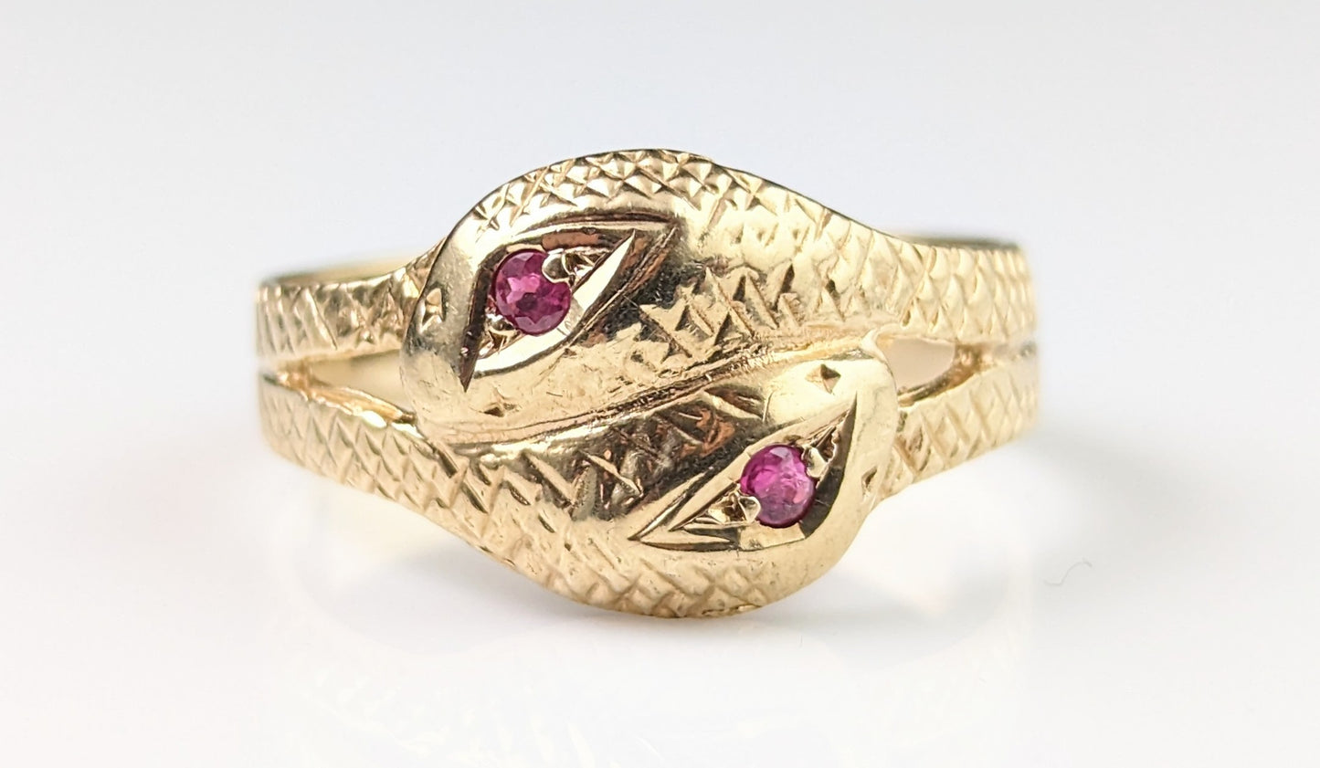 Vintage double snake ring, 9ct gold, ruby, Victorian style