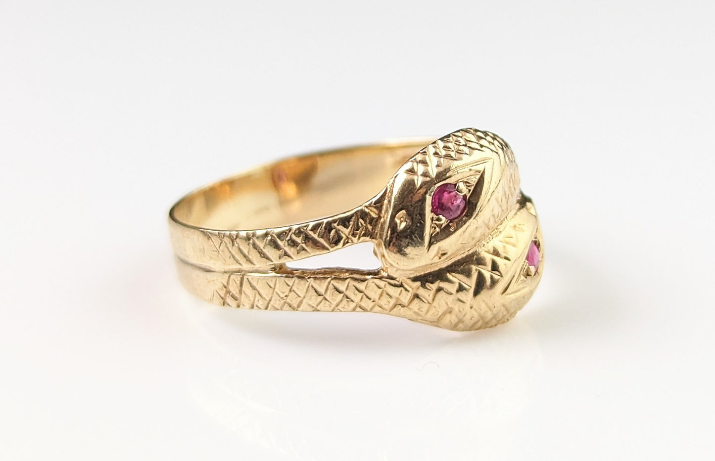 Vintage double snake ring, 9ct gold, ruby, Victorian style