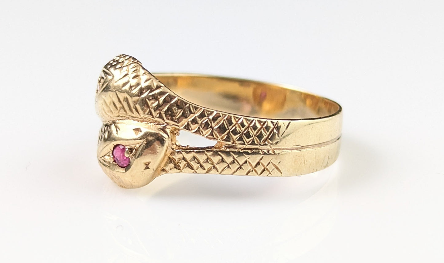 Vintage double snake ring, 9ct gold, ruby, Victorian style