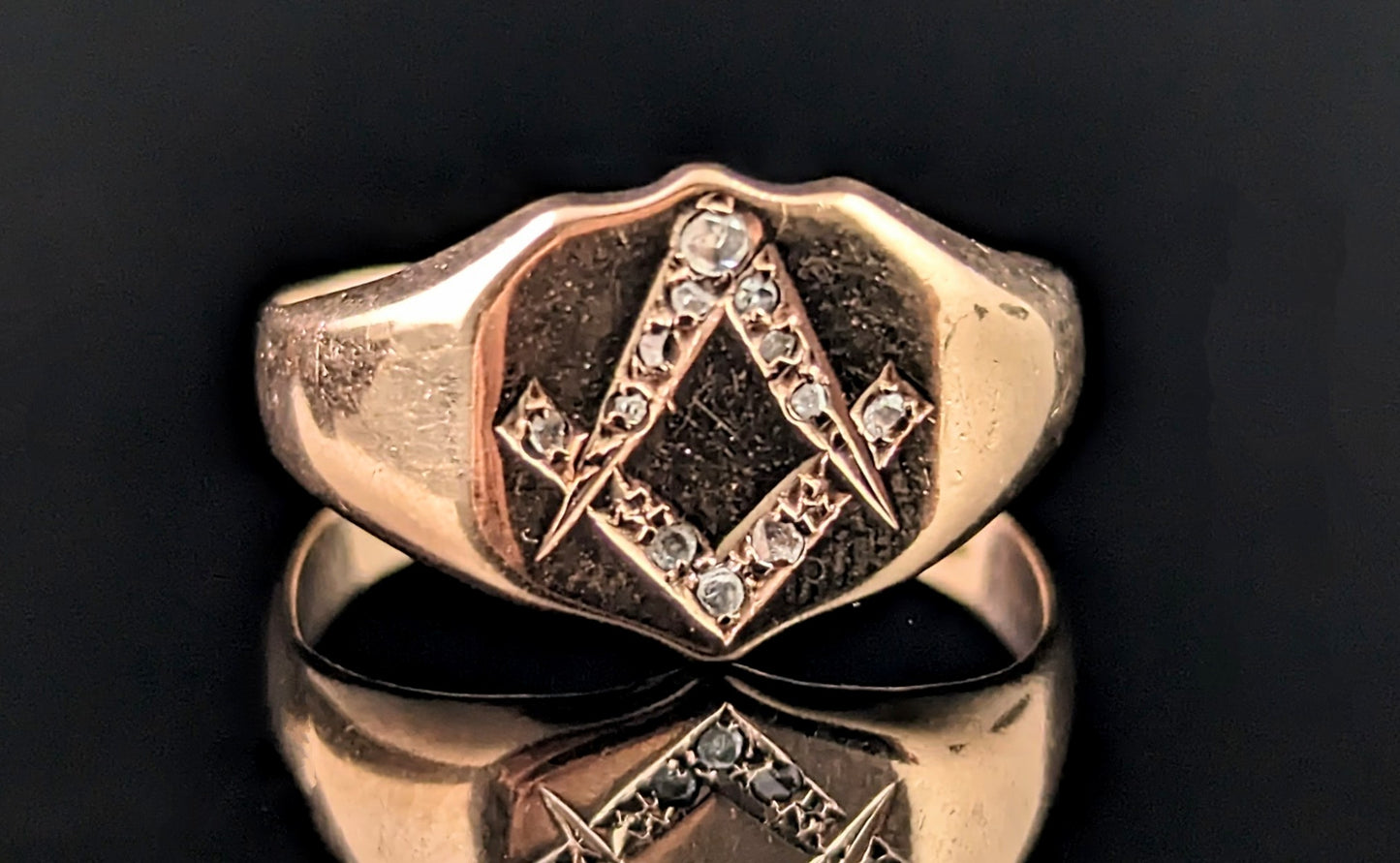 Antique Diamond signet ring, 9ct rose gold, Masonic, Pinky ring