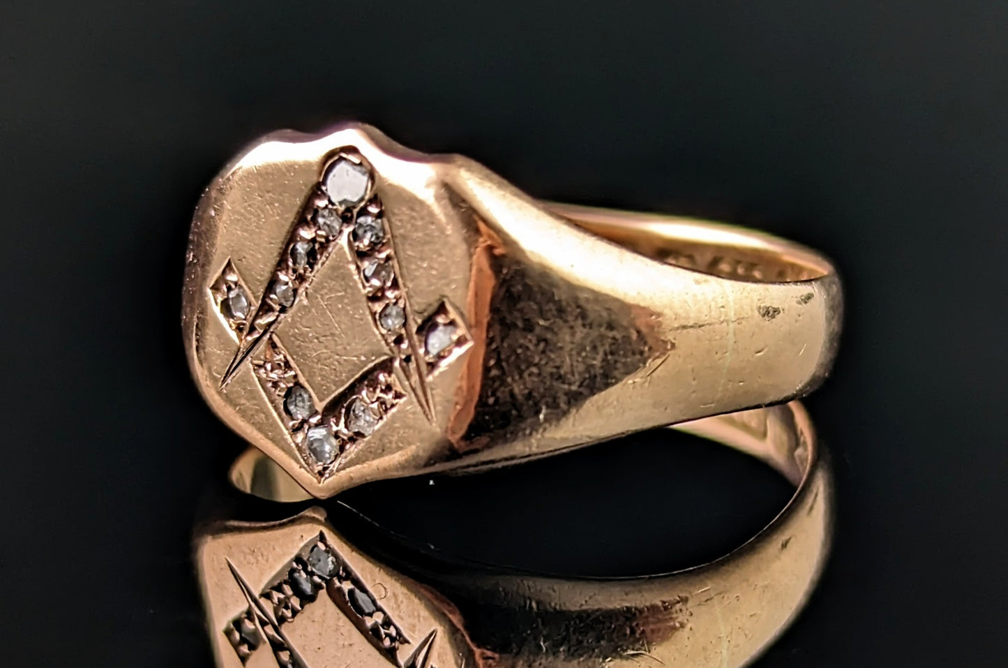 Antique Diamond signet ring, 9ct rose gold, Masonic, Pinky ring