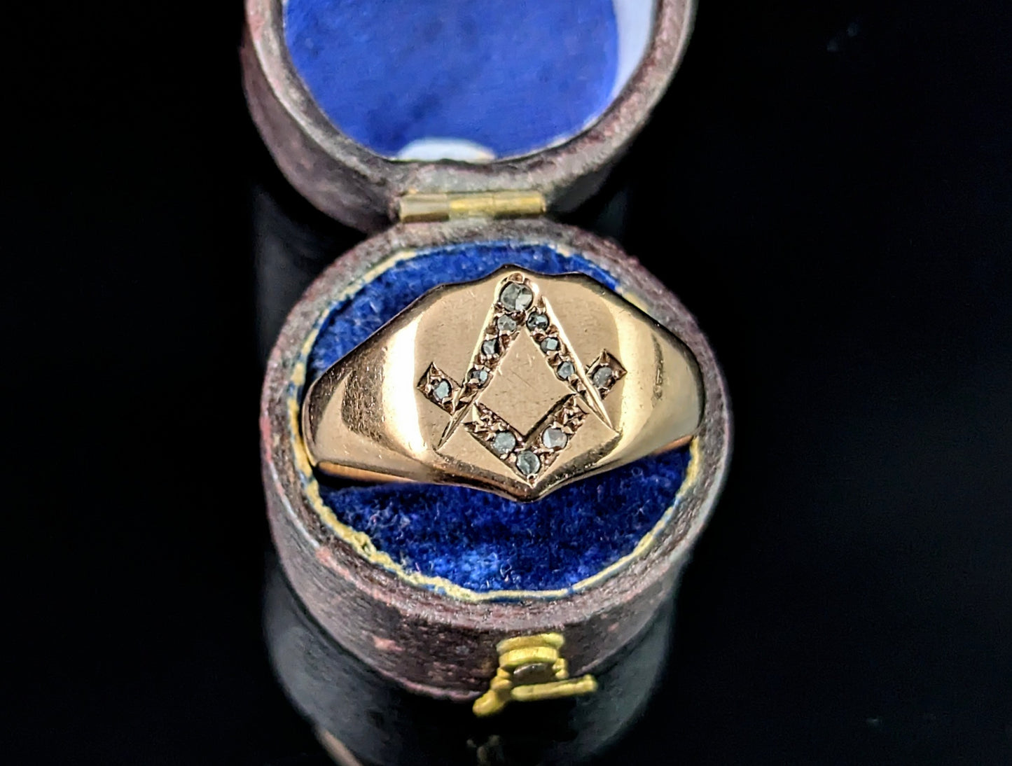 Antique Diamond signet ring, 9ct rose gold, Masonic, Pinky ring