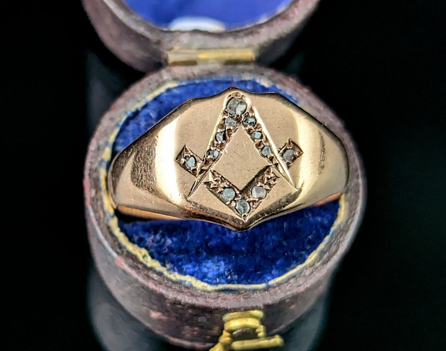 Antique Diamond signet ring, 9ct rose gold, Masonic, Pinky ring