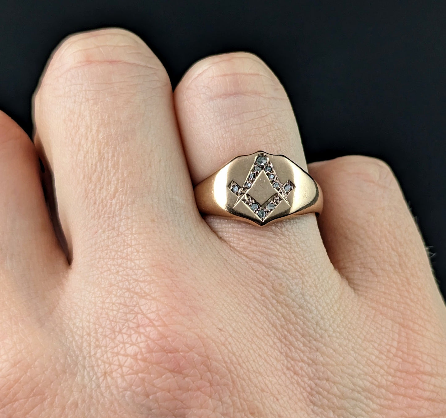 Antique Diamond signet ring, 9ct rose gold, Masonic, Pinky ring