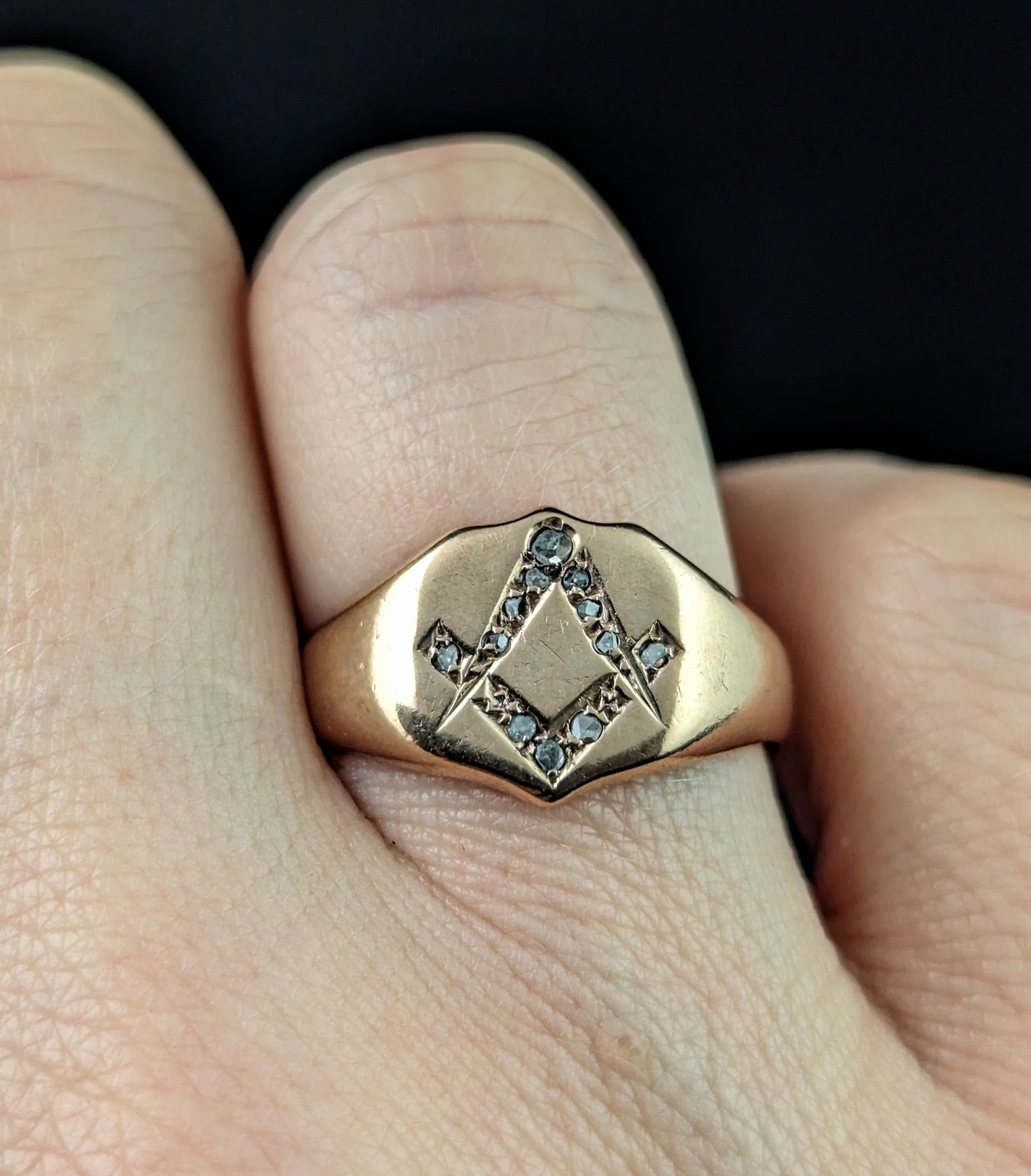 Antique Diamond signet ring, 9ct rose gold, Masonic, Pinky ring